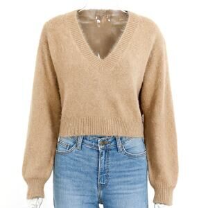 Emerson Lang Fuzzy Knit‎ Sweater Women's Large Beige V-Neck Soft Pullover